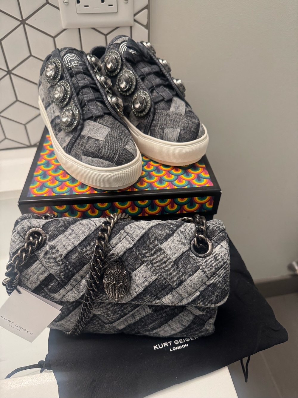 NWT! Kurt Geiger Gray Quilted Chain Bag Embellished Slip-On Sneakers